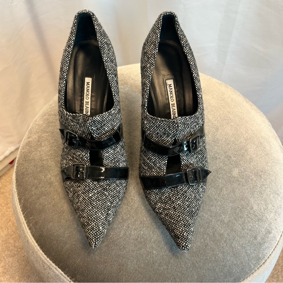 Manolo Blahnik Coupe tweed heels bootie black white patent leather buckle 41 - Picture 5 of 12